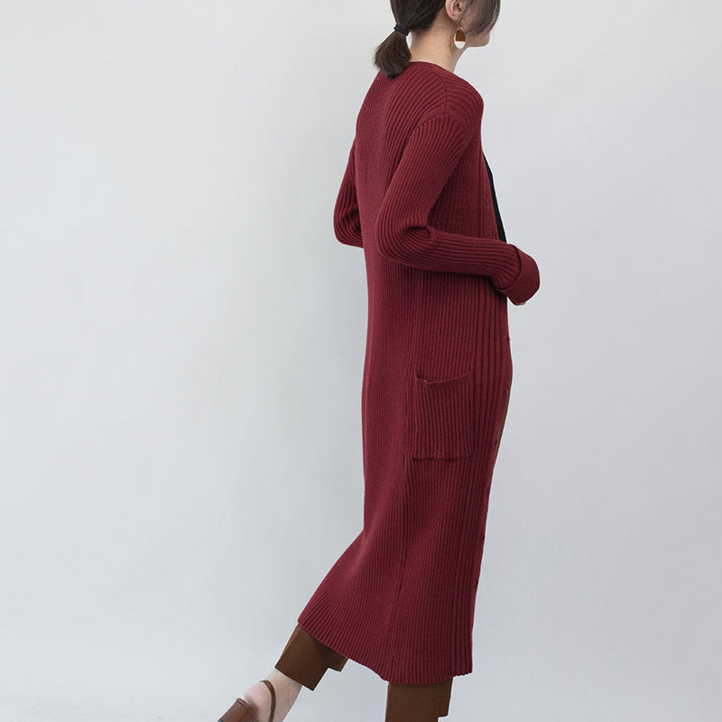 Burgundy Maxi Coat Loose Fitting V Neck Long Coat Fine Pockets Coats