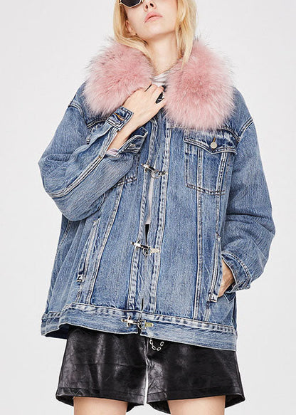 Denim Blue Pink Fur Collar Winter Duck Down Jacket