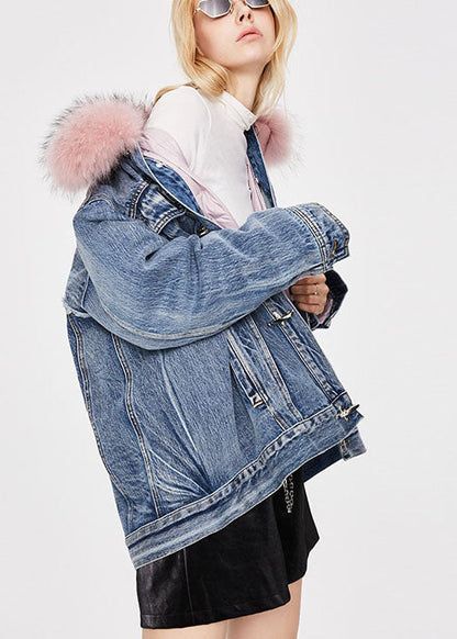 Denim Blue Pink Fur Collar Winter Duck Down Jacket