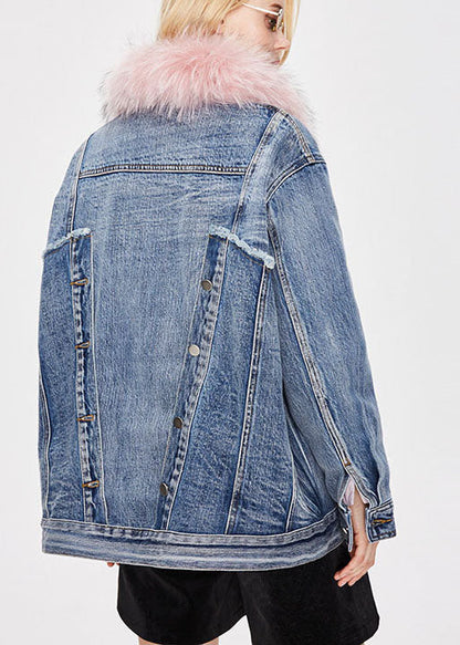 Denim Blue Pink Fur Collar Winter Duck Down Jacket