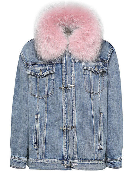 Denim Blue Pink Fur Collar Winter Duck Down Jacket