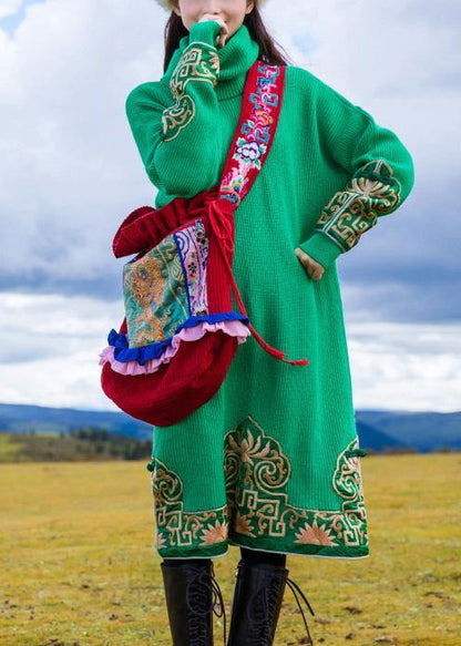Embroidery Sweater High Neck Weather Green Oversized Knit Dresses