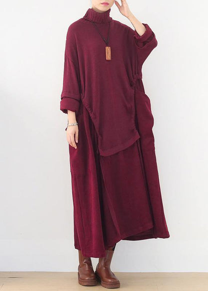 Long Sleeve Sweater High Neck Weather Moda Red Art Sweater Dresses