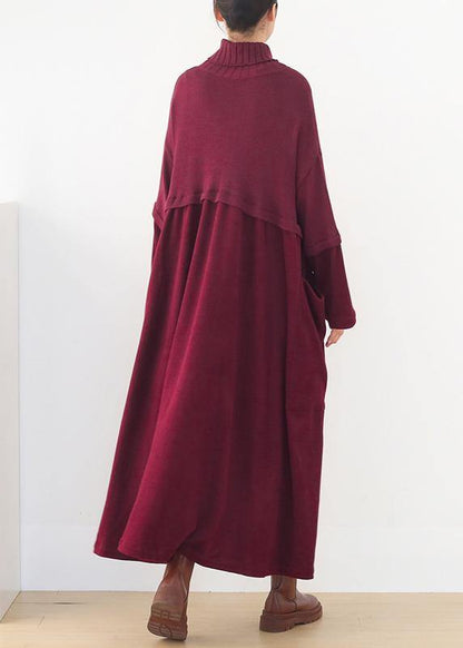 Long Sleeve Sweater High Neck Weather Moda Red Art Sweater Dresses