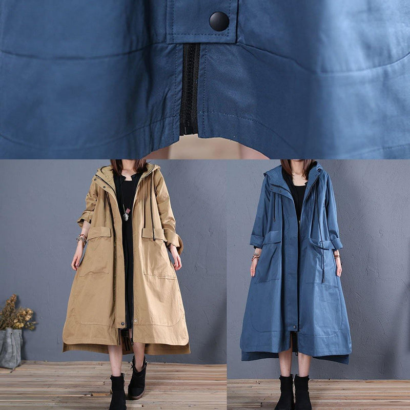 Fall Blue Hooded Coats Low High Design Overcoat