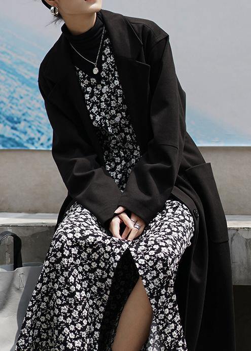 Long Coat Woolen Outwear Black Notched Tie Waist Coats
