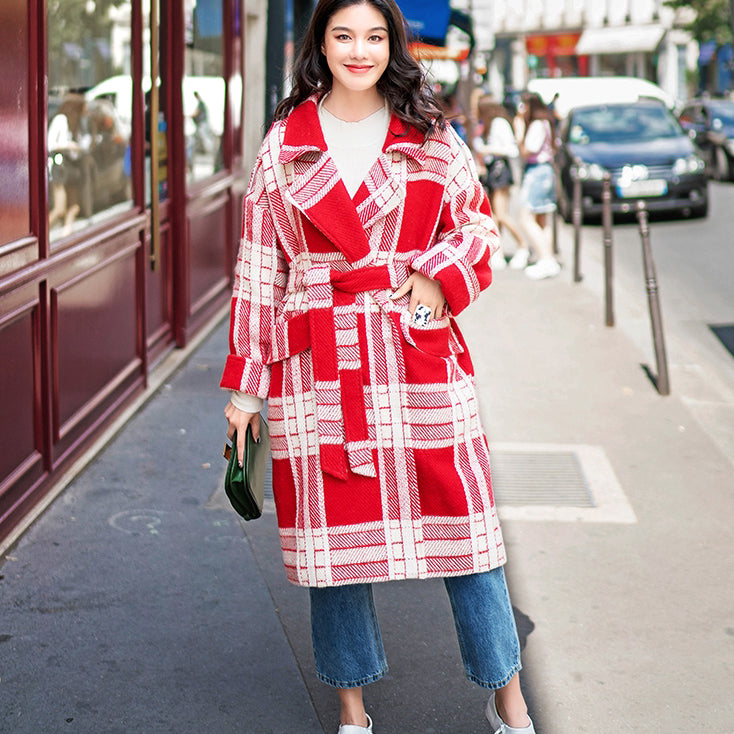Red White Plaid Coat Notched Tie Waist Coats Pockets Wool Jackets