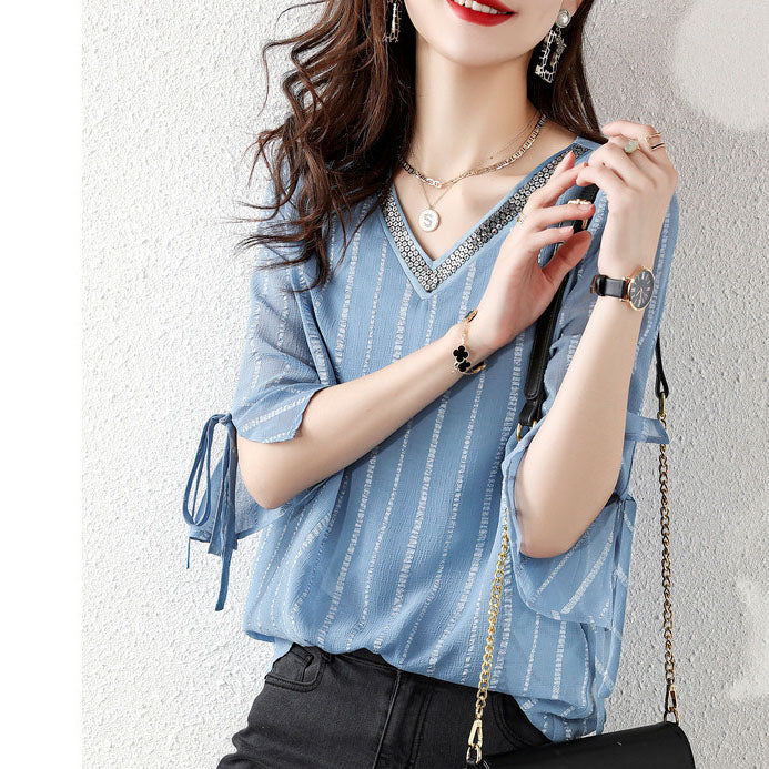 Sky Blue Sequins V Neck Jacquard Chiffon Shirt Half Sleeve