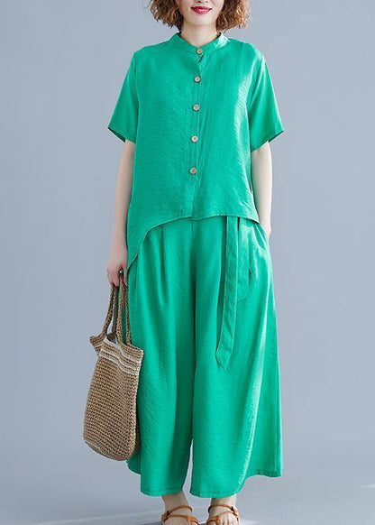Suit Irregular Short-sleeved Shirt + Elastic Waist Straps Wide-leg Pants Silk Green Summer