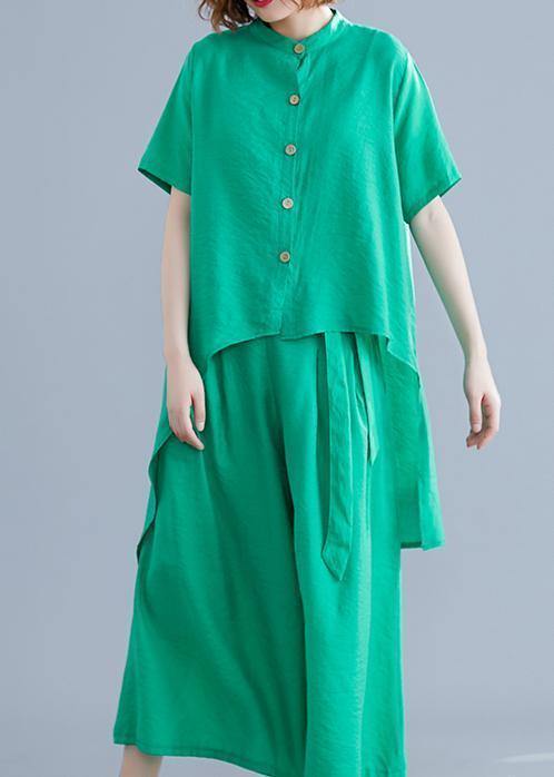 Suit Irregular Short-sleeved Shirt + Elastic Waist Straps Wide-leg Pants Silk Green Summer