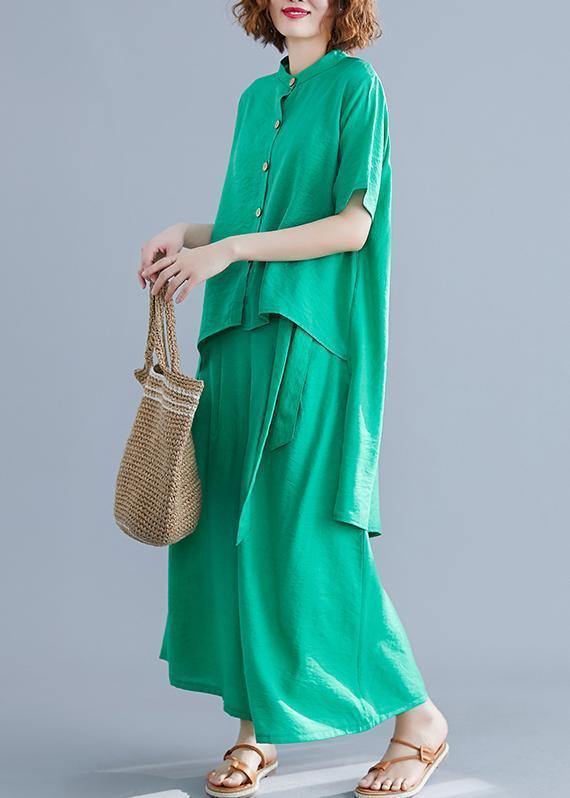Suit Irregular Short-sleeved Shirt + Elastic Waist Straps Wide-leg Pants Silk Green Summer