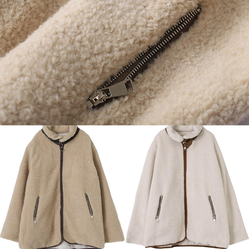 White Wool Coat for Woman Loose Fitting Coats Zippered Lapel Jackets