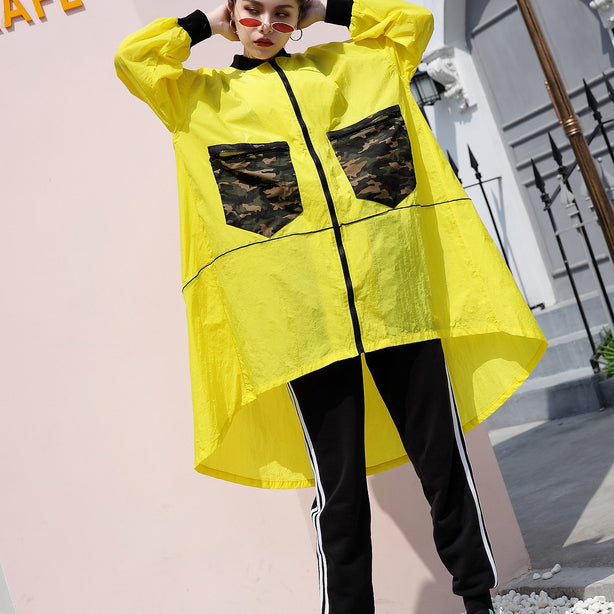 Yellow Thin Coat Low High Cardigans Big Pockets Jackets