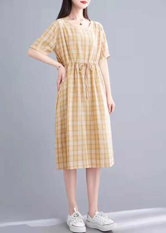 Cotton Clothes Fabric Pink Plaid Loose Dress Summer