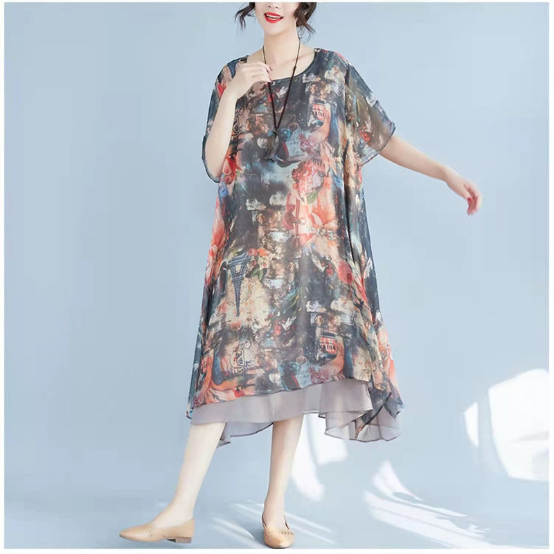 Red Prints Chiffon Shift Dresses Oversize Chiffon Clothing Dresses Half Sleeve Asymmetric Hem Cotton Clothing