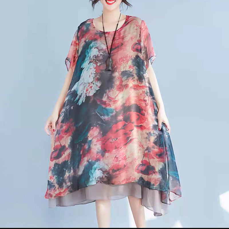 Red Prints Chiffon Shift Dresses Oversize Chiffon Clothing Dresses Half Sleeve Asymmetric Hem Cotton Clothing