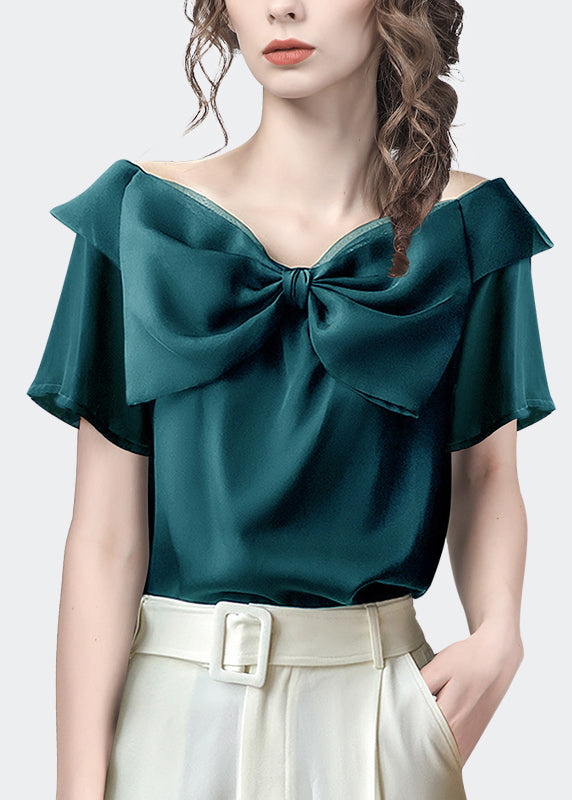 Fashionable Camel Short Sleeved Bow Neckline Shirt Top