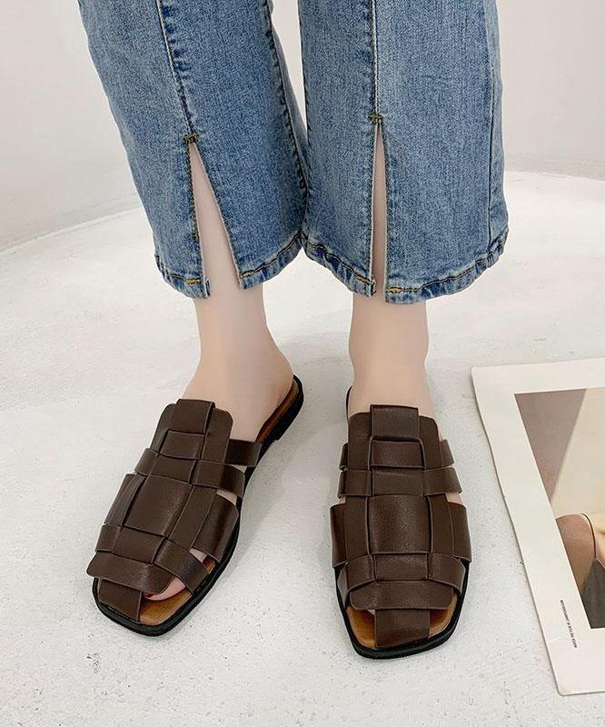 Faux Leather Chocolate Hollow Out Thong Sandals Slide Sandals