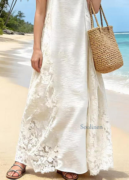 Fine Apricot Lace Patchwork Cotton Spaghetti Strap Dress Summer