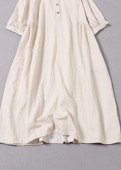 Fine Beige Stand Collar Plaid Cotton Vacation Dresses Half Sleeve