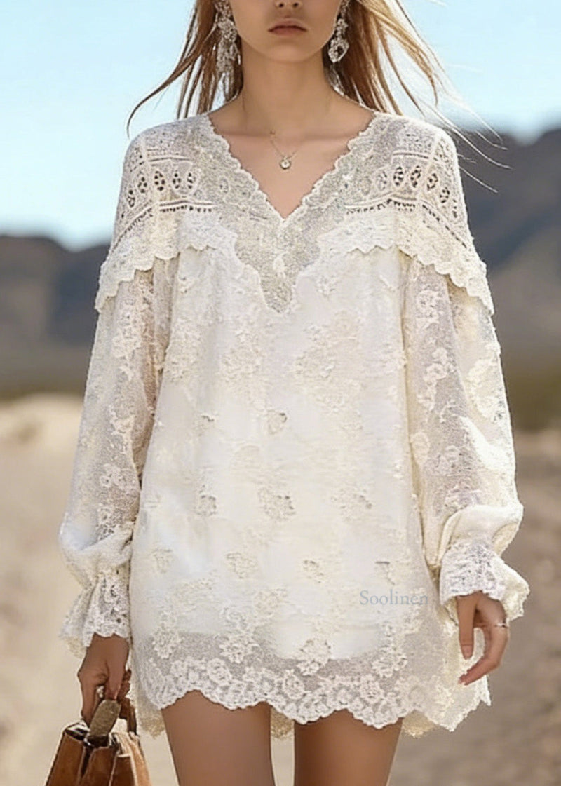 Fine Beige V Neck Ruffled Patchwork Lace Top Spring