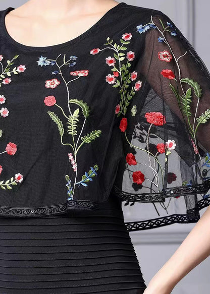 Fine Black Cape Style Dresses Multicolor Embroidered Summer
