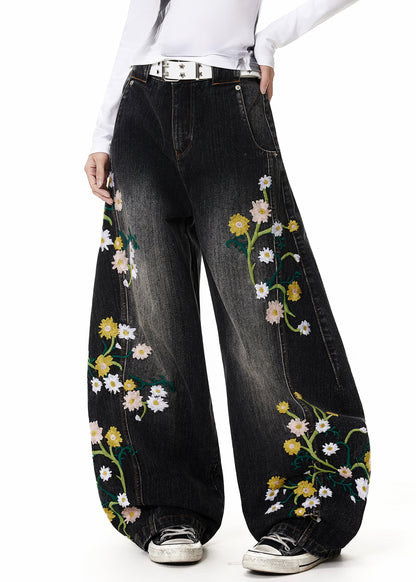 Fine Black Embroidered High Waist Denim Pants Spring