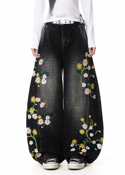 Fine Black Embroidered High Waist Denim Pants Spring