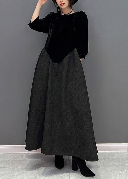 Fine Black O-neck Asymmetrical Patchwork Silk Velour Dress Fall