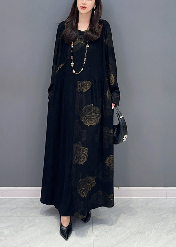 Fine Black O Neck Patchwork Cotton Long Dress Fall