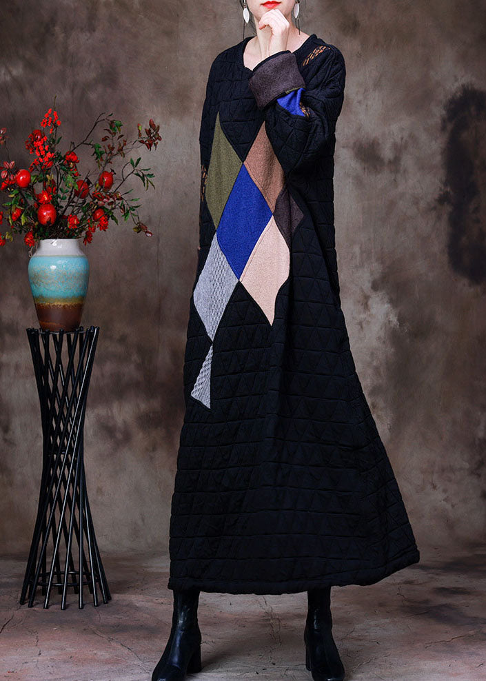 Fine Black O-neck Oversized Print Fine Cotton Filled Maxi Dresses Gown Winter