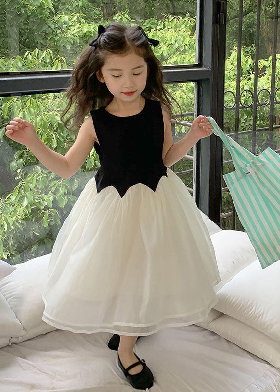 Fine Black O Neck Wrinkled Patchwork Tulle Kids Dress Sleeveless