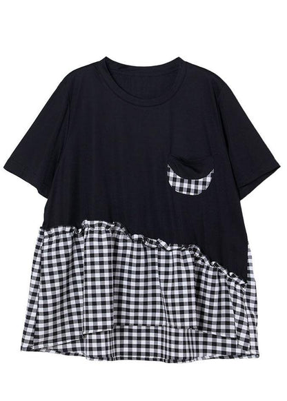 Fine Black Patchwork Asymmetrical Design Ruffled Cotton Short Sleeve Summer Shirt Top