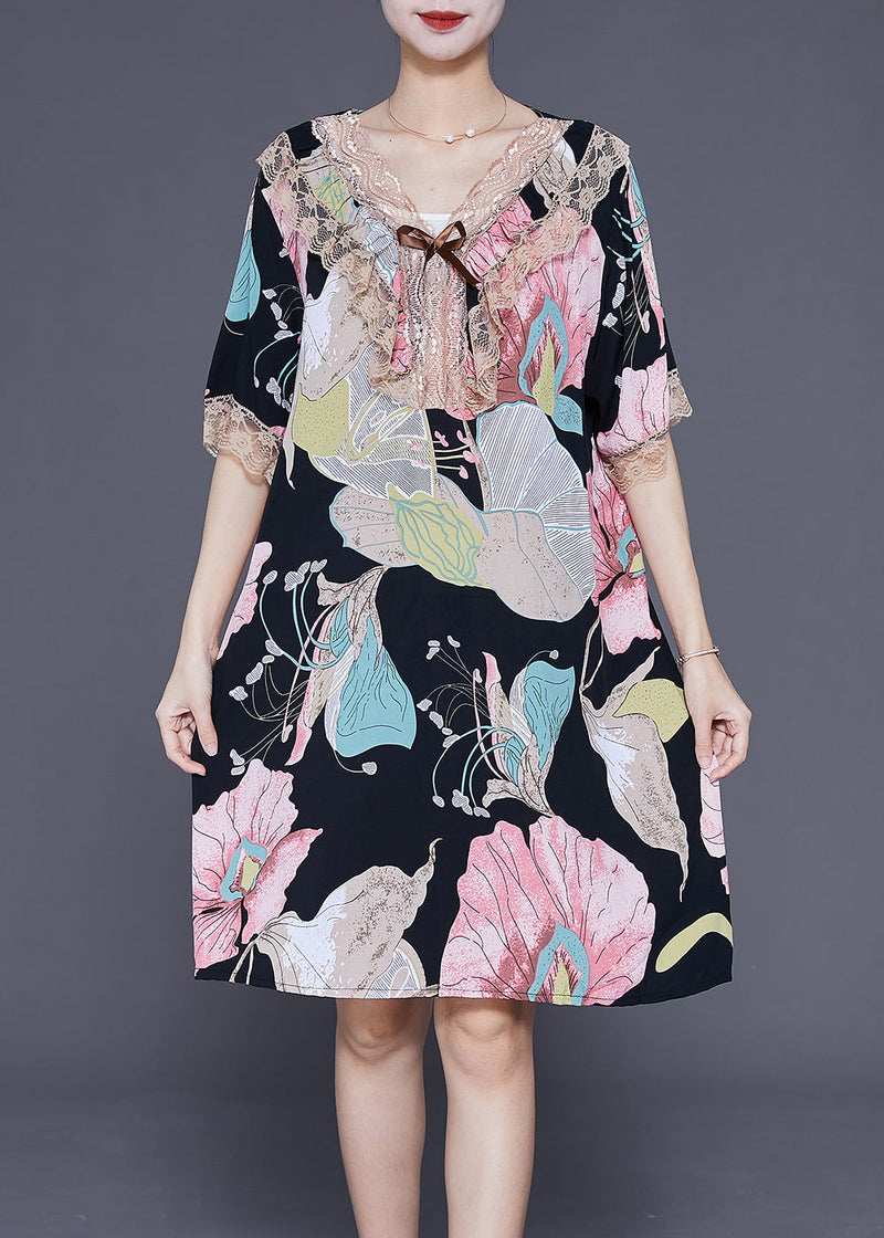Fine Black Print Lace Patchwork Cotton Holiday Dress Summer