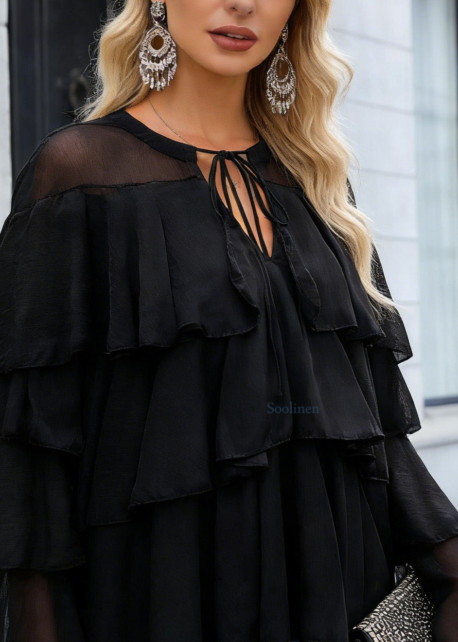 Fine Black Ruffled Patchwork Chiffon Blouse Top Spring