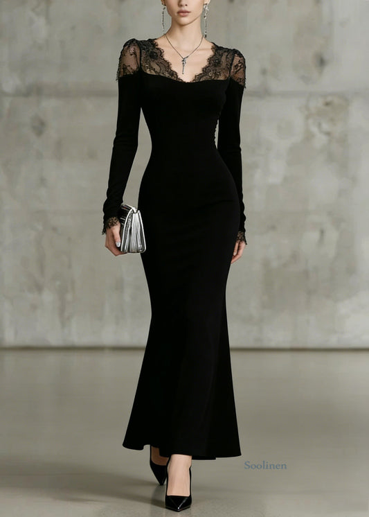 Fine Black V Neck Lace Patchwork Fish Tail Dresses Spring