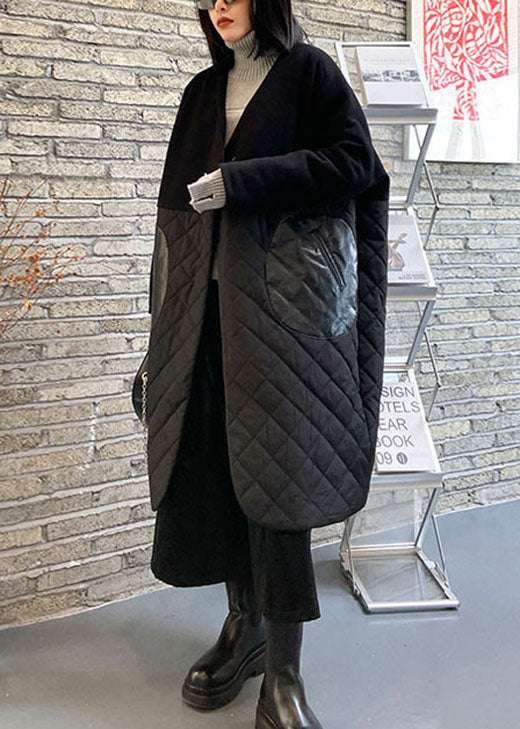 Fine Black Woolen Patchwork Pu Pockets Winter Cotton Parka Coat