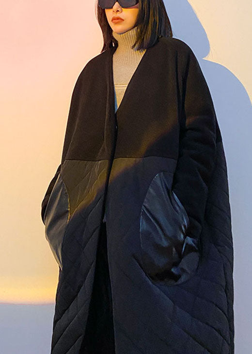 Fine Black Woolen Patchwork Pu Pockets Winter Cotton Parka Coat