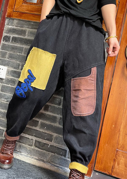 Fine Black Patch Applique Denim Pants Winter