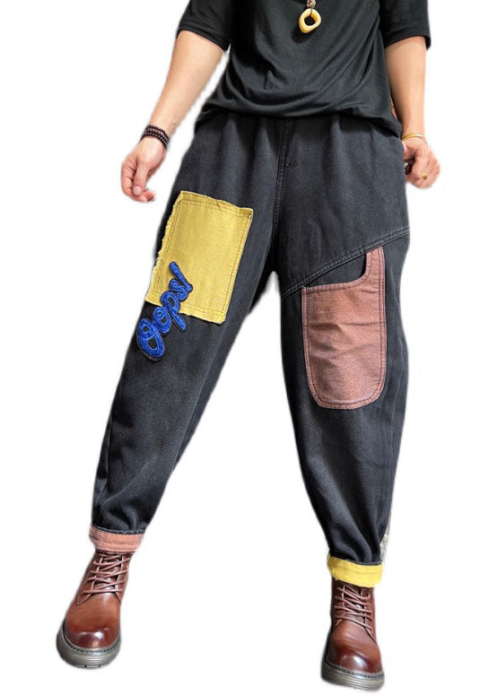 Fine Black Patch Applique Denim Pants Winter