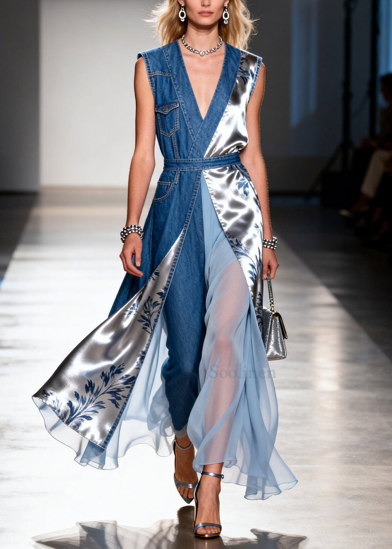 Fine Blue Asymmetrical Patchwork Denim Vacation Dress Sleeveless