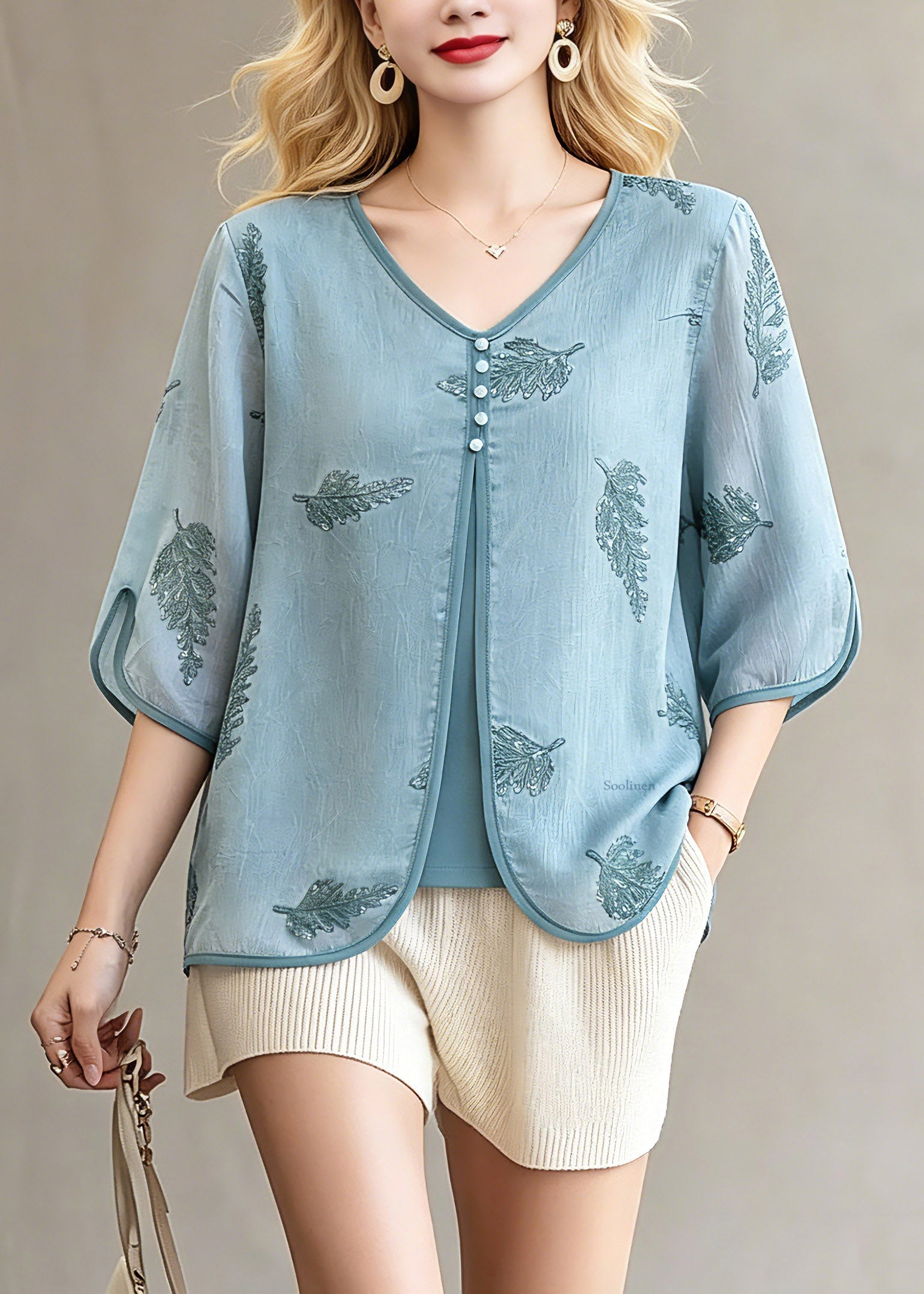 Fine Blue Button Fake Two-Piece Chiffon Tops Spring