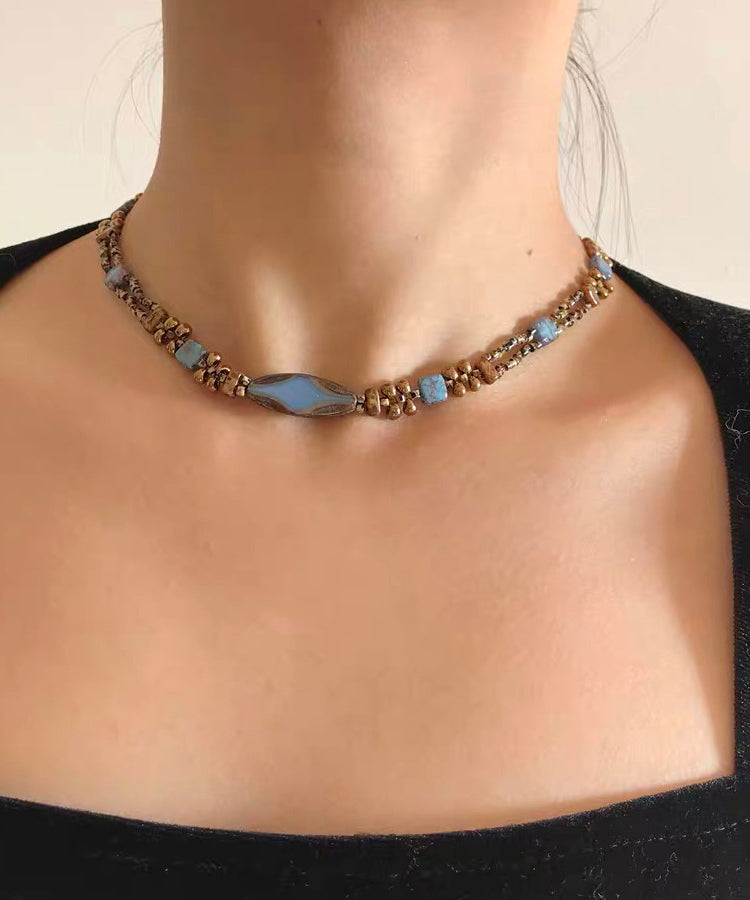 Fine Blue Copper Overgild Beading Gratuated Bead Necklace Qu015