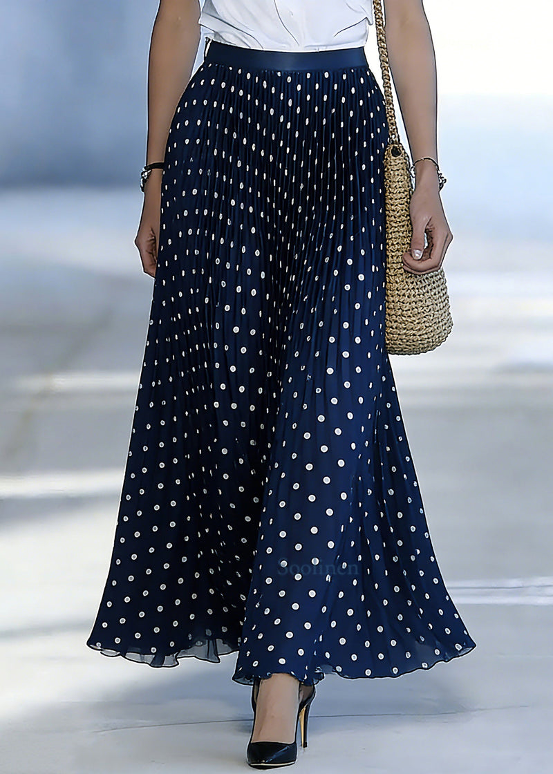Fine Blue Elastic Waist Dot Print a Line Skirt