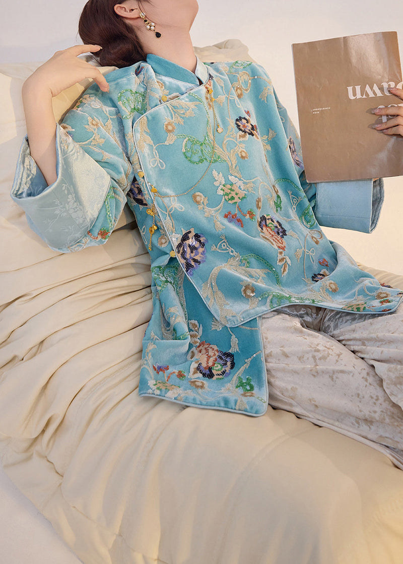 Fine Blue Embroidered Sequins Silk Velour Oriental Coat Spring