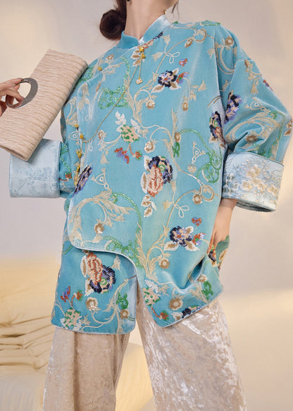Fine Blue Embroidered Sequins Silk Velour Oriental Coat Spring