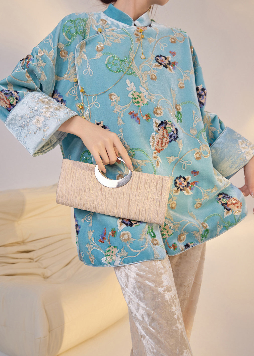 Fine Blue Embroidered Sequins Silk Velour Oriental Coat Spring