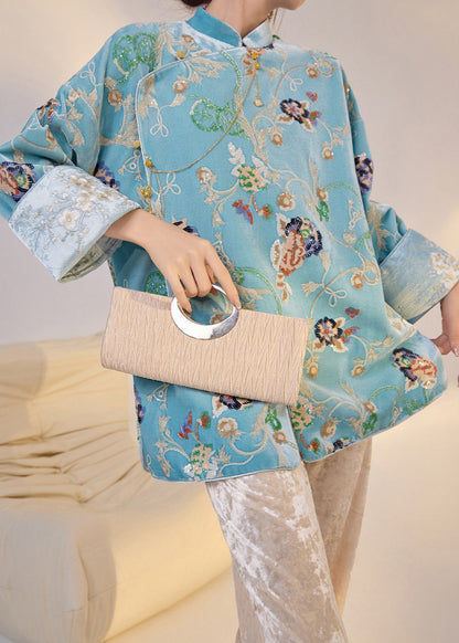 Fine Blue Embroidered Sequins Silk Velour Oriental Coat Spring