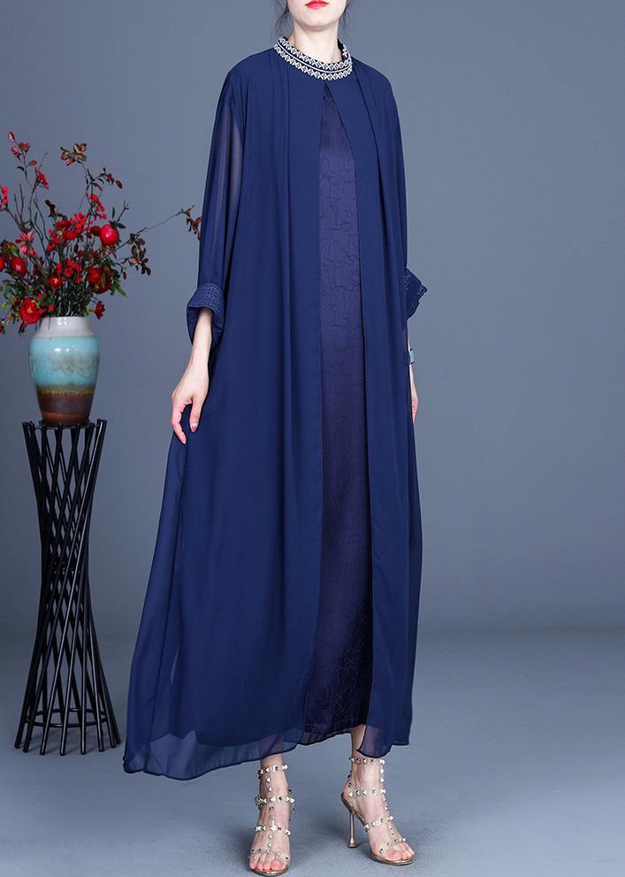 Fine Blue Embroidery Long Maxi Summer Spring Chiffon Dress