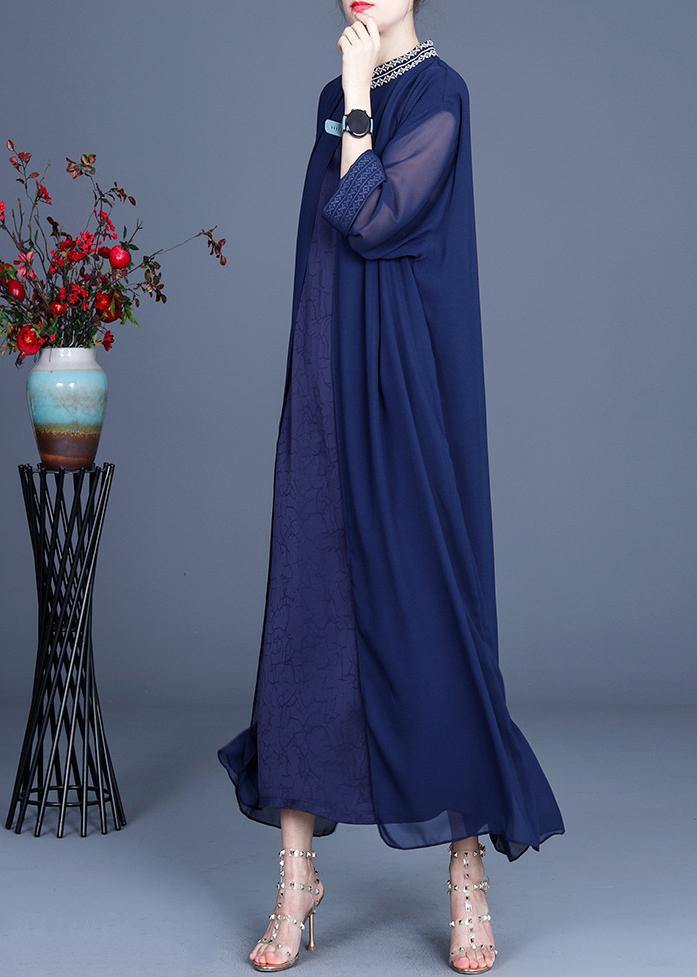 Fine Blue Embroidery Long Maxi Summer Spring Chiffon Dress